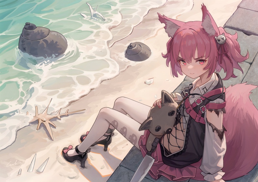 1girl, absurdres, animal_ear_fluff, animal_ears, arknights, beach, black_footwear, chinese_commentary
