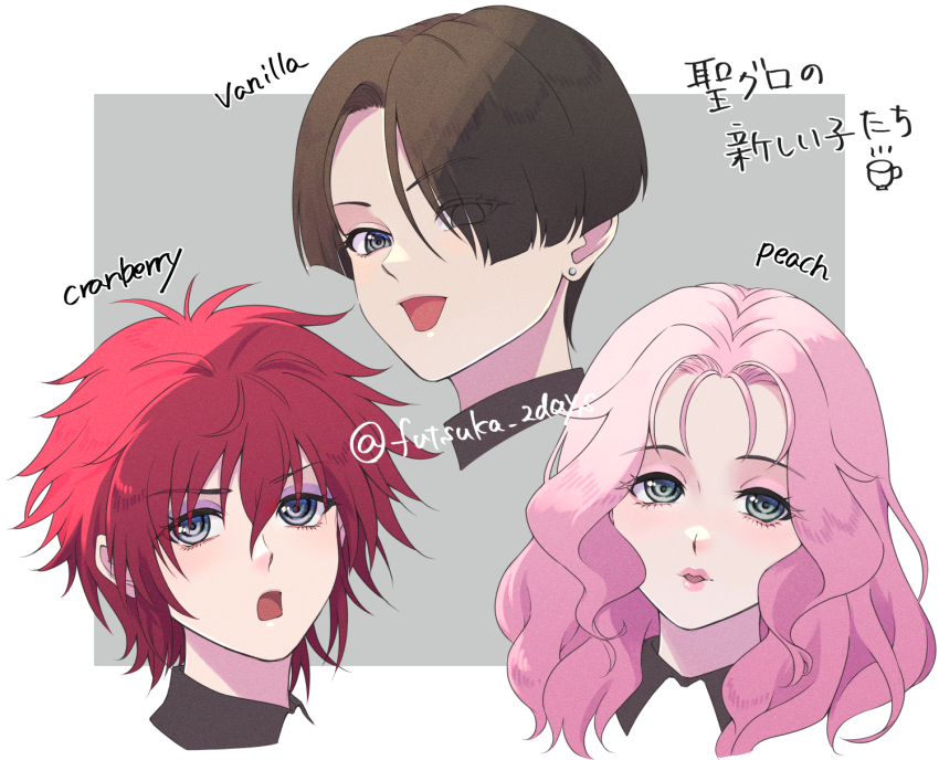 3girls, artist_name, brown_hair, character_name, collarbone, cranberry_(girls_und_panzer), earrings, eyeshadow