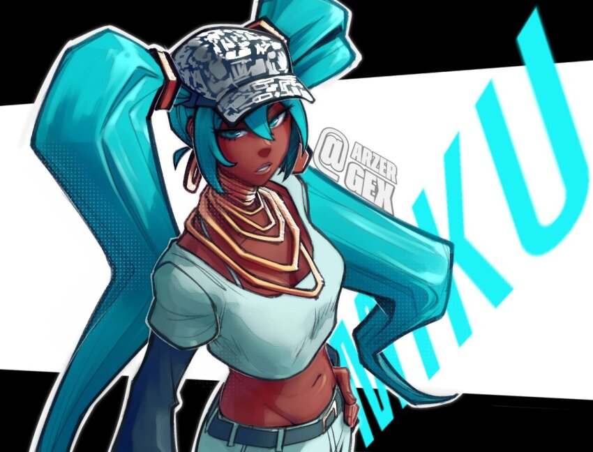 1girl, alternate_skin_color, aqua_hair, arzergex, belt, cropped_shirt, dark-skinned_female, dark_skin