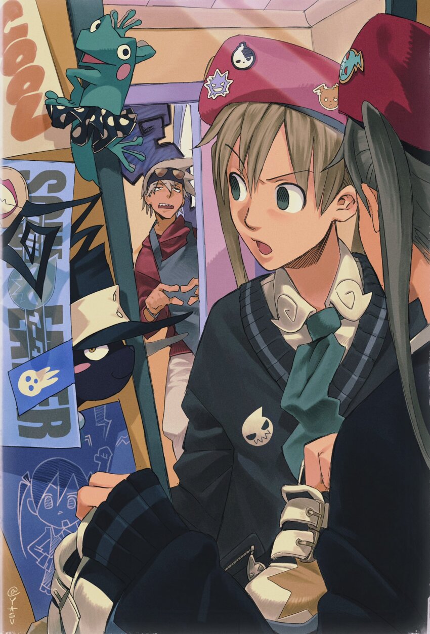 animal, ann_yasu_d, apron, artist_name, beret, black_sweater, blair_(cat)_(soul_eater), blair_(soul_eater), blush_stickers, brown_hair, cat, collared_shirt, green_eyes, green_necktie, hat, highres, long_sleeves, looking_at_viewer, maka_albarn, mirror, necktie, open_mouth, red_headwear, reflection, shirt, smoke, soul_eater, soul_evans, sweater, twintails, v-shaped_eyebrows, white_shirt, witch_hat