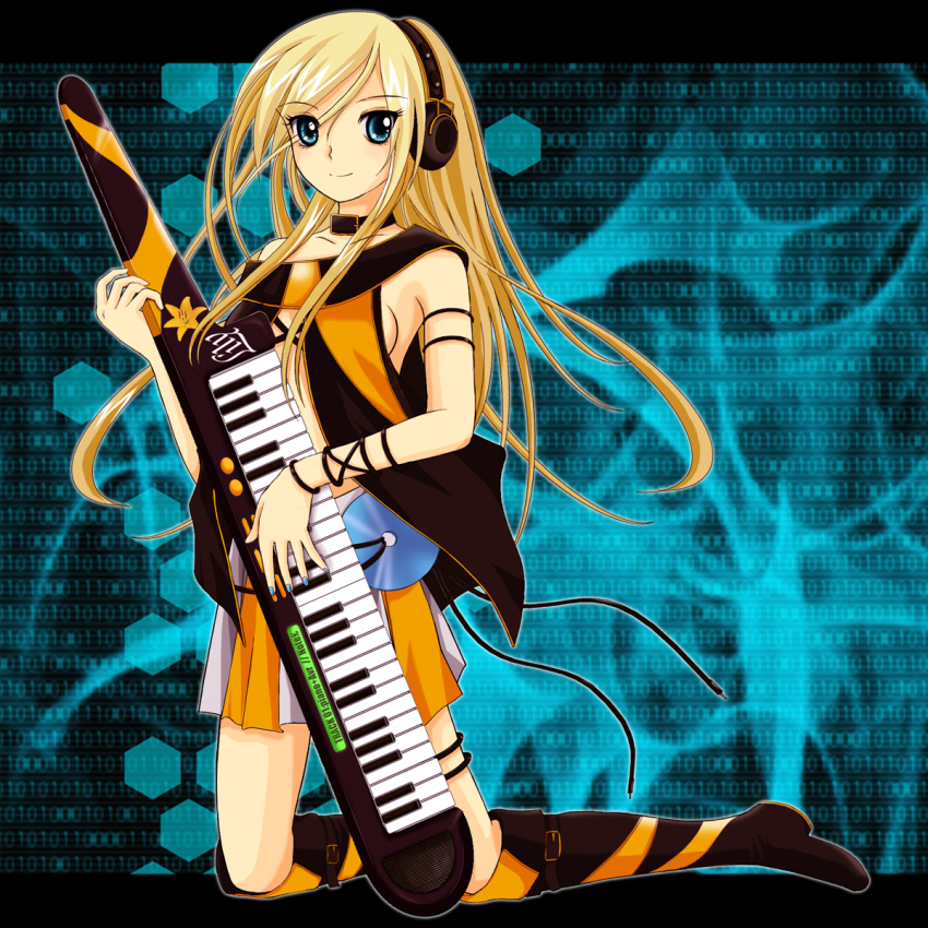1girl, asymmetrical_clothes, blonde_hair, blue_eyes, blue_nails, boots, breasts, cd, collar, collarbone, female_focus, headphones, highres, instrument, kazzha, keytar, knee_boots, kneeling, lily_(vocaloid), nail_polish, sideboob, skirt, small_breasts, solo, thigh_boots, thighhighs, vocaloid