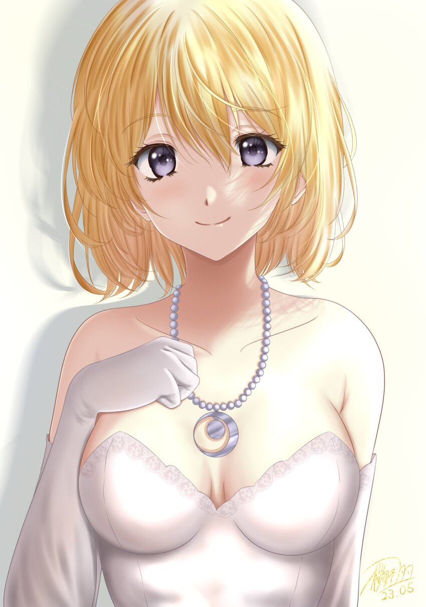1girl, absurdres, arm_behind_back, blonde_hair, breasts, cleavage, dress, elbow_gloves