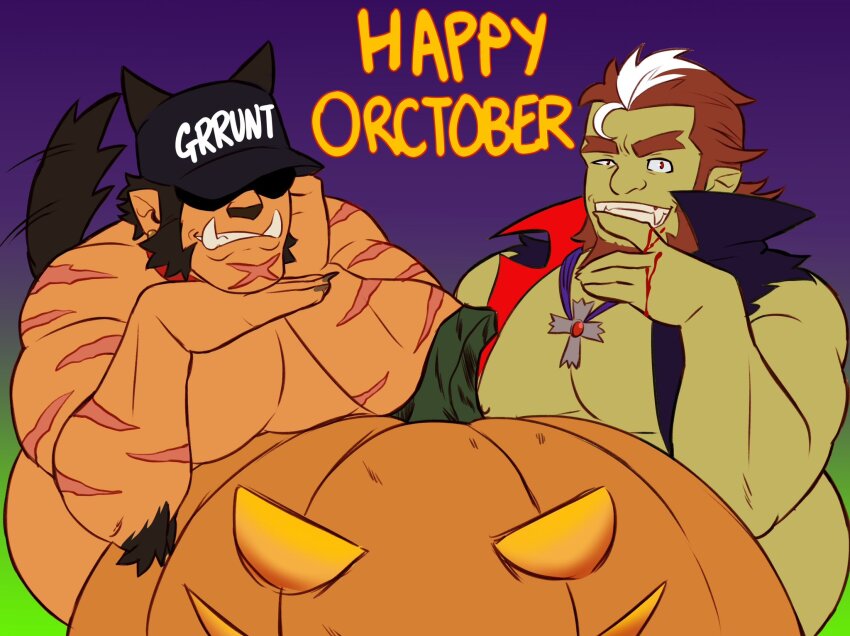 2boys, animal_ears, bara, baseball_cap, beard, blood, body_fur, brown_hair, colored_skin, convenient_censoring, cross, cross_necklace, cross_scar, dark-skinned_male, dark_skin, facial_hair, forked_eyebrows, green_skin, grin, grunt_(onlytusks), halloween, halloween_costume, hat, highres, jack-o'-lantern, jewelry, large_pectorals, limp_wrist, looking_at_viewer, male_focus, mature_male, monster_boy, multicolored_hair, multiple_boys, muscular, muscular_male, mutton_chops, necklace, nude, onlytusks, orc, orctober, original, pectorals, pectorals_rest, pointy_ears, pumpkin, purple_background, scar, scar_on_chin, scar_on_face, scars_all_over, shaded_face, short_hair, simple_background, smile, streaked_hair, tail, tail_wagging, thick_eyebrows, too_many, tusks, vampire_costume, wolf_ears, wolf_tail, zorg_(onlytusks)