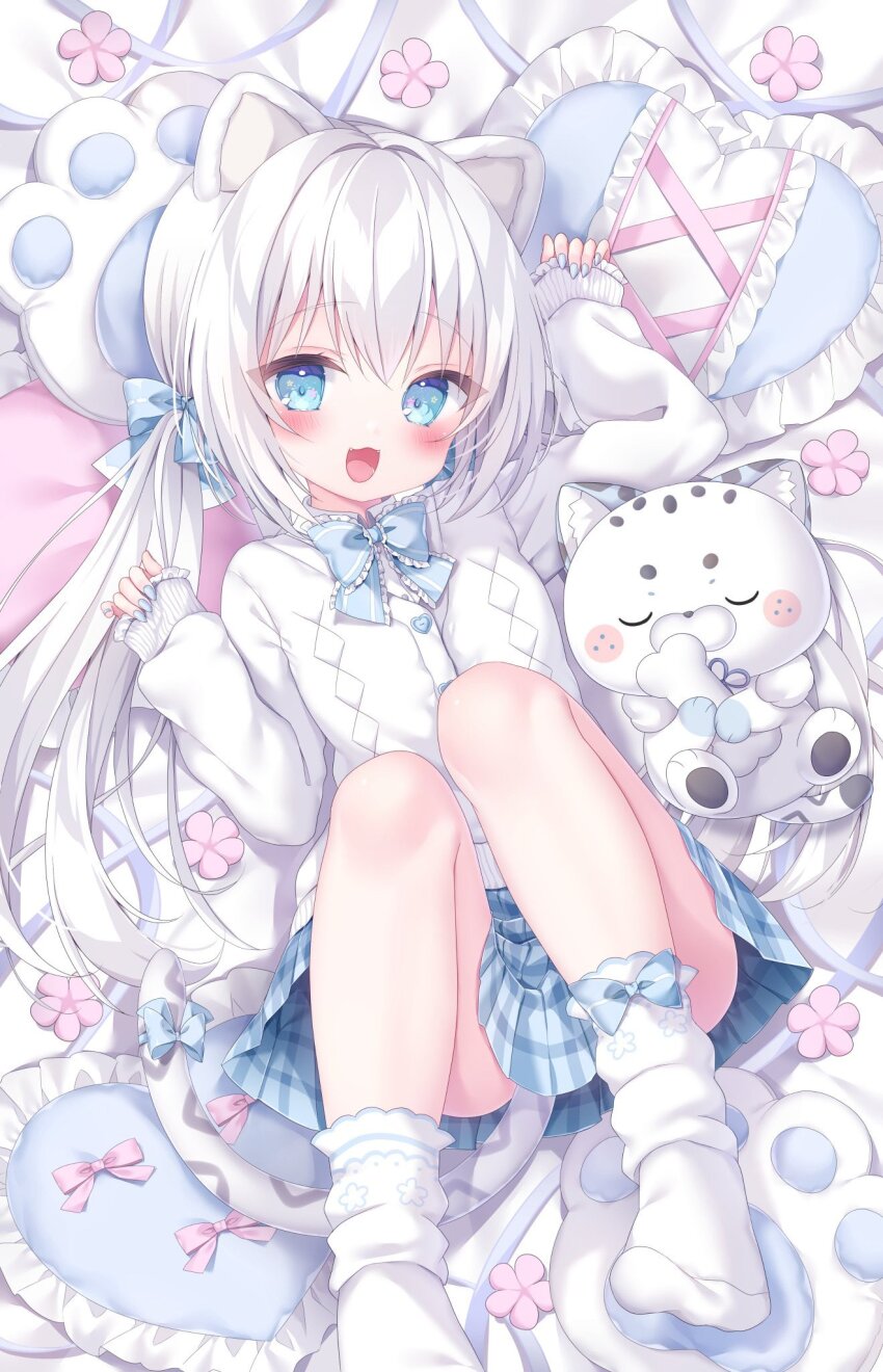 1girl, animal_ears, blue_bow, blue_eyes, bow, buttons, cat_ears, cat_girl