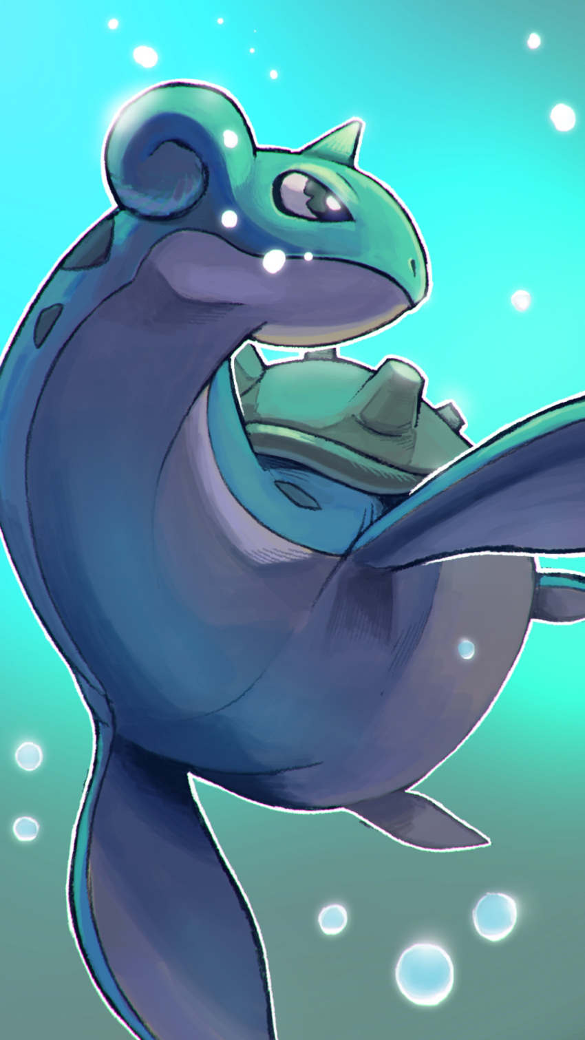air_bubble, bubble, flippers, gen_1_pokemon, highres, horns, lapras, looking_to_the_side, nintendo, no_humans, plankton_(ganoona), pokemon, pokemon_(creature), shell, single_horn, solo, swimming, underwater