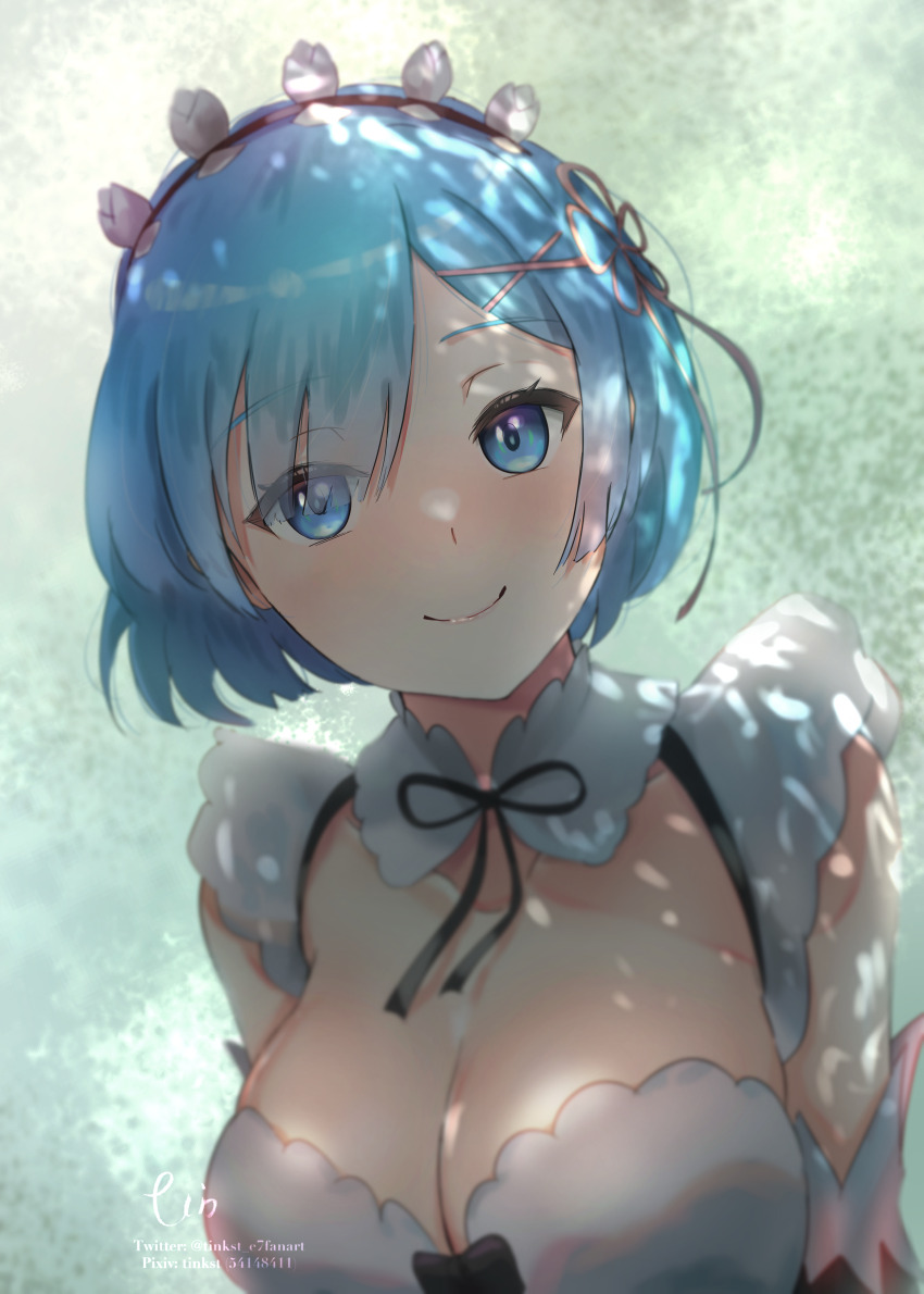 1girl, absurdres, blue_eyes, blue_hair, breasts, cleavage, detached_sleeves, highres
