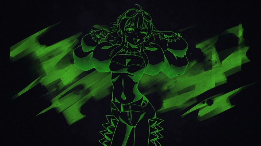 1girl, belt, black_background, breasts, collar, cosplay, cowlick, eurovision_song_contest, green_theme, gumi, kaarija, kaarija_(cosplay), looking_at_viewer, medium_breasts, midriff, monochrome, navel, one_eye_closed, pants, pointing, pointing_at_self, ragerkgk, real_life, solo, spiked_collar, spikes, strapless, tongue, tongue_out, tube_top, vocaloid