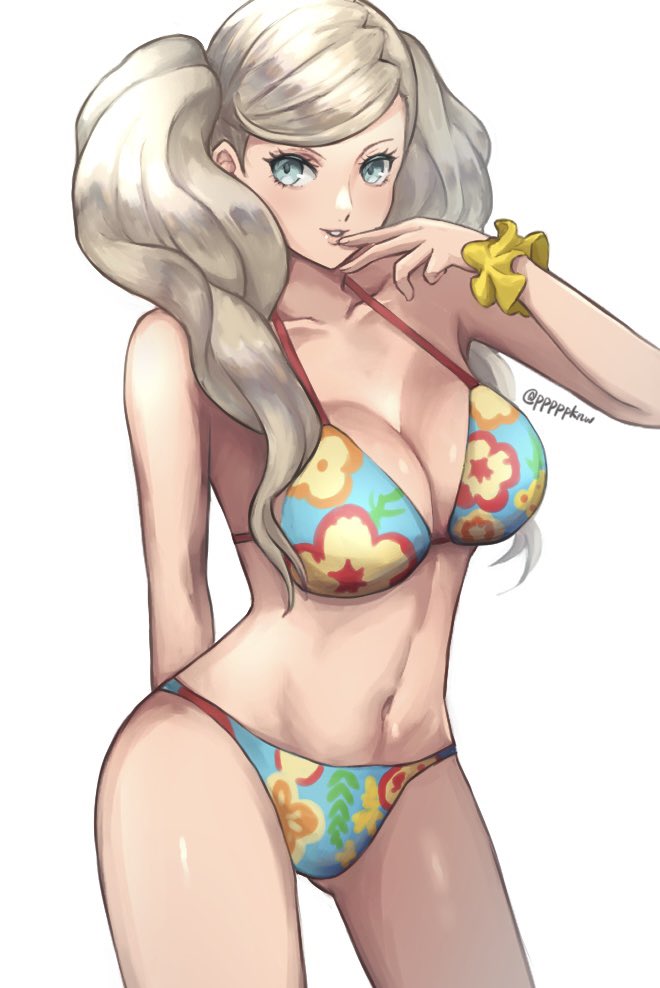 1girl, arm_behind_back, bikini, blonde_hair, breasts, collarbone, cowboy_shot, floral_print, floral_print_bikini, green_eyes, hand_up, large_breasts, long_hair, looking_at_viewer, navel, parted_lips, persona, persona_5, pppppknw, print_bikini, scrunchie, simple_background, solo, stomach, swimsuit, takamaki_anne, twintails, twitter_username, very_long_hair, white_background, wrist_scrunchie
