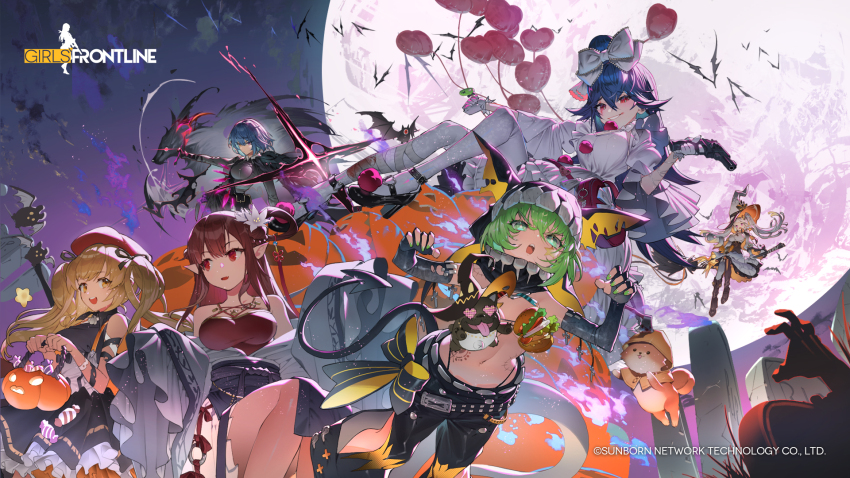 6+girls, animal_ear_hood, animal_ears, balloon, bat_(animal), black_cloak, broom, broom_riding