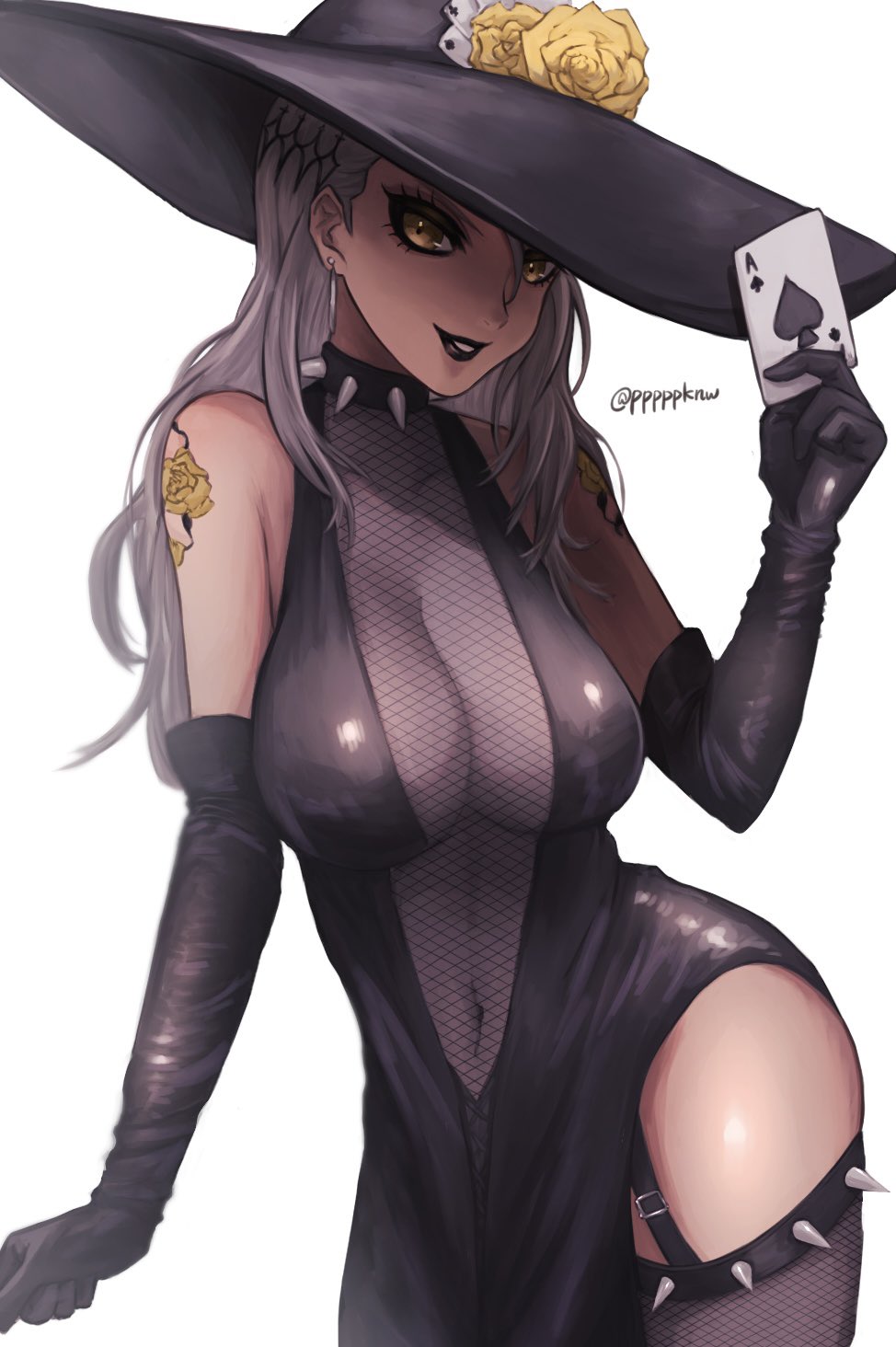 1girl, ace_(playing_card), ace_of_spades, bare_shoulders, between_fingers, black_dress, black_eyeliner, black_gloves, black_hat, black_lips, breasts, card, card_between_fingers, collar, cowboy_shot, dark_persona, dress, elbow_gloves, eyelashes, eyeliner, fishnet_thighhighs, fishnets, flower, flower_tattoo, gloves, grey_hair, hair_ornament, hairclip, hand_up, hat, hat_flower, highres, holding, holding_card, large_breasts, lips, lipstick, long_hair, looking_at_viewer, makeup, niijima_sae, parted_lips, persona, persona_5, playing_card, pppppknw, rose, shadow_sae, shoulder_tattoo, side_slit, solo, spade_(shape), spiked_collar, spikes, sun_hat, tattoo, thighhighs, twitter_username, wavy_hair, yellow_eyes, yellow_flower, yellow_rose