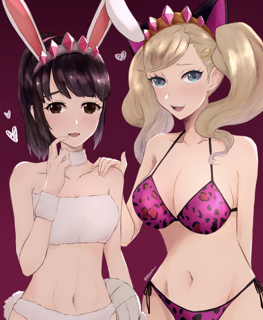 2girls, :d, absurdres, animal_ears, animal_print, bare_shoulders, bikini, black_hair, blonde_hair, blue_eyes, breasts, brown_eyes, cat_ears, collarbone, fake_animal_ears, fur_bikini, fur_choker, hand_on_another's_shoulder, heart, highres, large_breasts, leopard_print, leopard_print_bikini, looking_at_viewer, multiple_girls, navel, open_mouth, persona, persona_5, persona_5_the_royal, ponytail, pppppknw, print_bikini, purple_background, purple_bikini, rabbit_ears, rabbit_tail, small_breasts, smile, stomach, suzui_shiho, swimsuit, tail, takamaki_anne, tiara, twintails, white_bikini