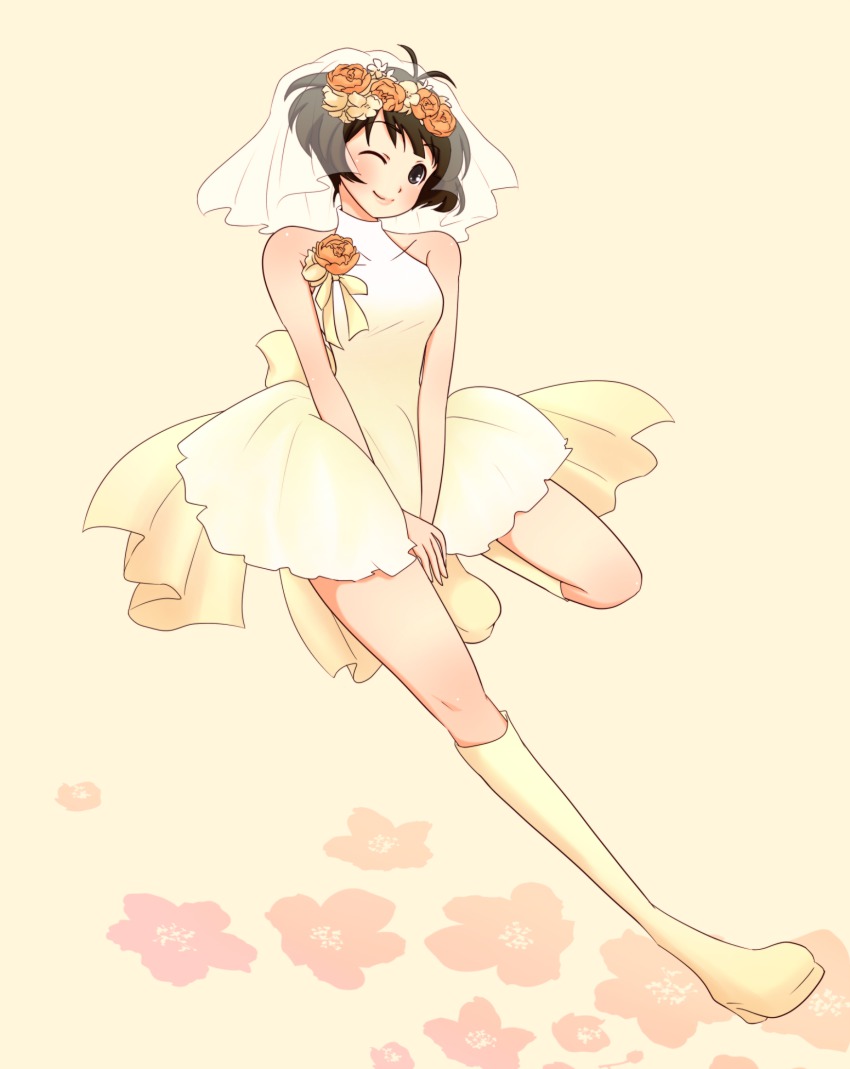 00s, 1boy, akizuki_ryo, antenna_hair, bare_shoulders, blush, boots, brown_eyes