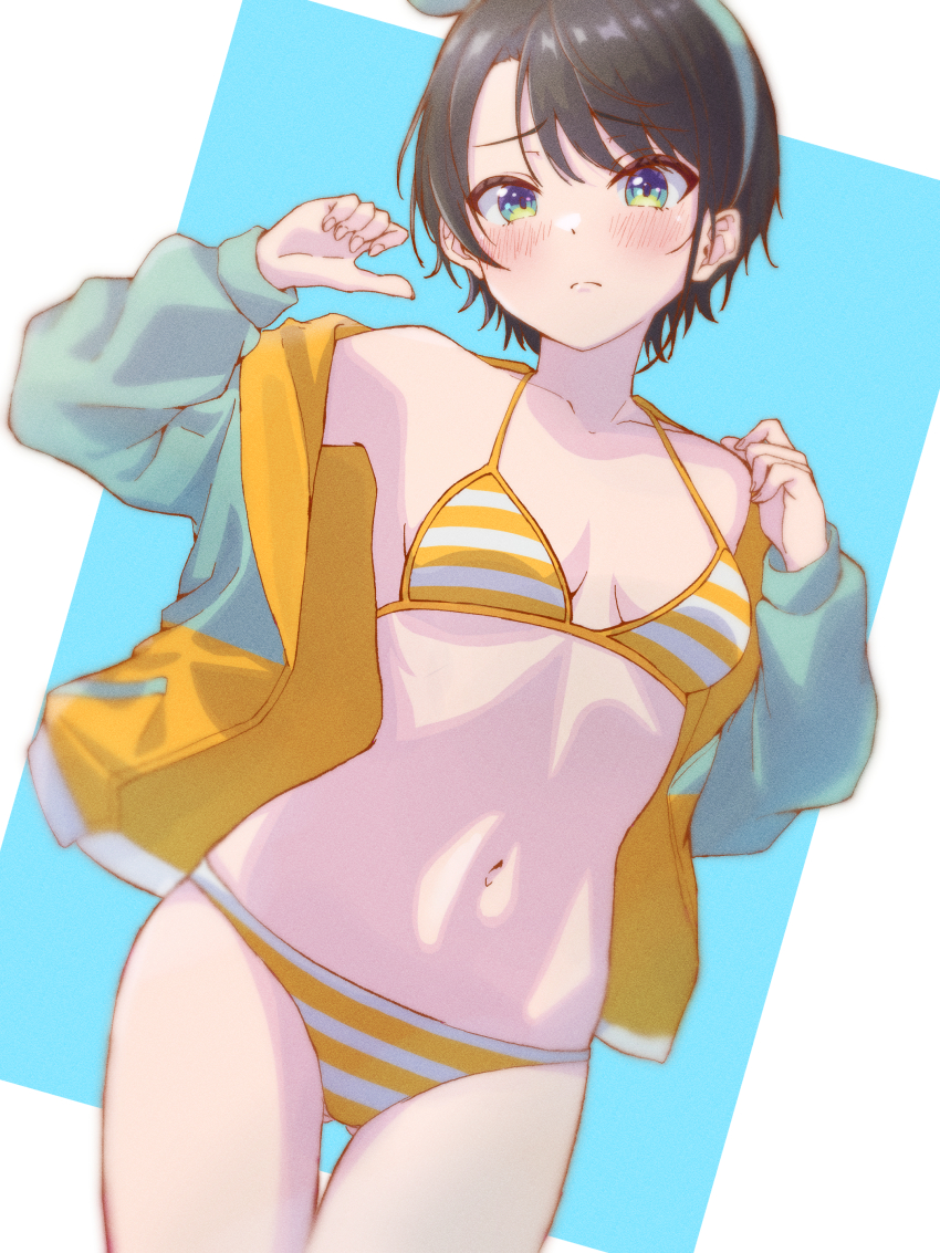 1girl, absurdres, bikini, black_hair, blue_eyes, blue_hairband, blue_jacket, blush, bow_hairband, breasts, hairband, halya_meri, highres, hololive, jacket, looking_at_viewer, multicolored_jacket, navel, official_alternate_costume, official_alternate_hairstyle, oozora_subaru, oozora_subaru_(hololive_summer_2019), short_hair, small_breasts, solo, striped_bikini, striped_clothes, swimsuit, two-tone_jacket, virtual_youtuber, yellow_bikini, yellow_jacket
