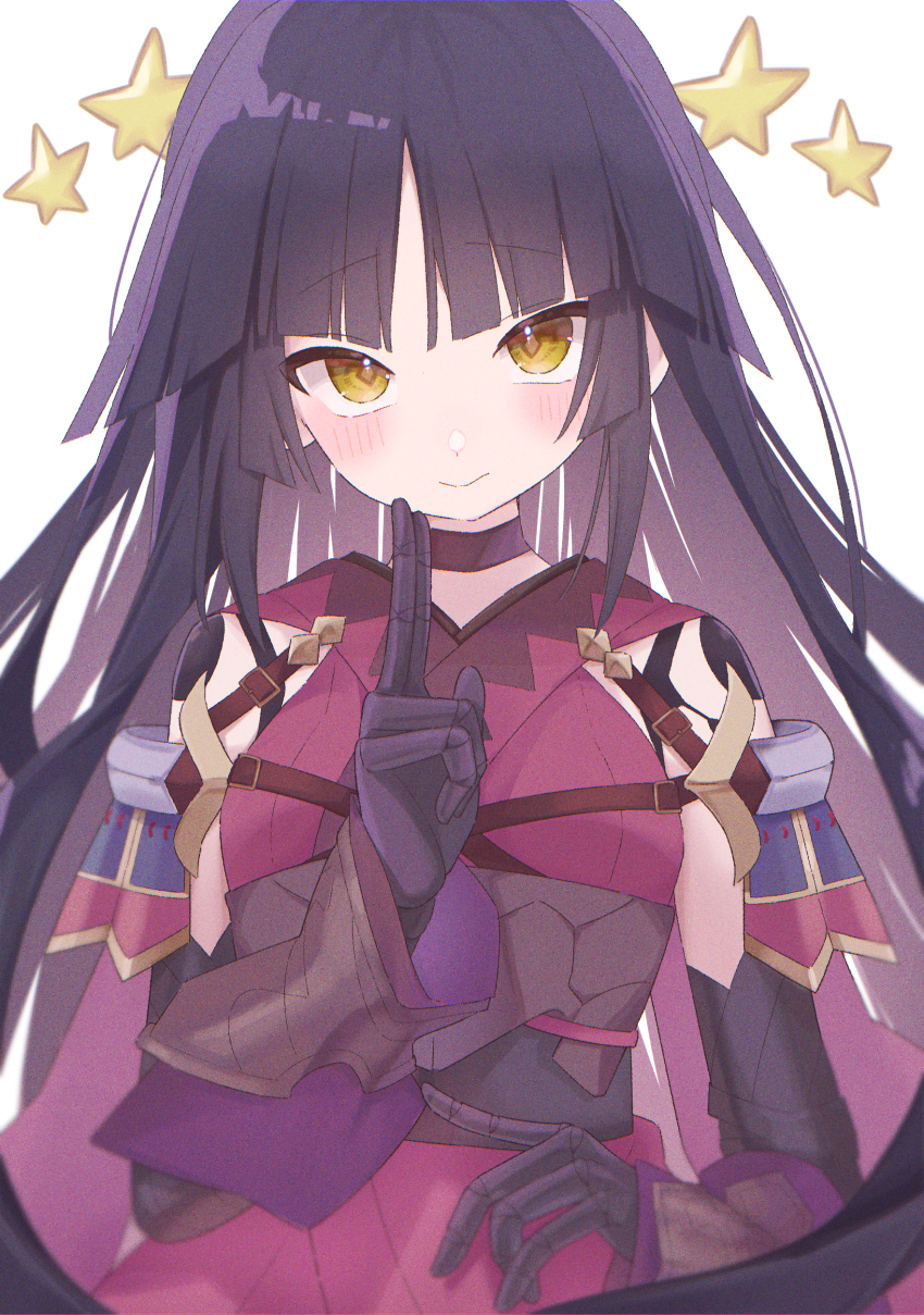 1girl, absurdres, black_hair, diamond-shaped_pupils, diamond_(shape), fate/grand_order, fate_(series), hamunama, highres, joints, katou_danzou_(fate), katou_danzou_(third_ascension)_(fate), long_hair, robot_joints, sleeveless, smile, symbol-shaped_pupils, white_background, yellow_eyes