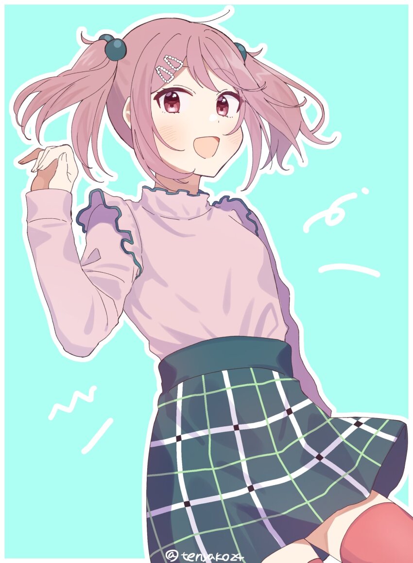 1girl, aqua_background, cowboy_shot, frilled_shirt, frills, green_skirt, hair_bobbles, hair_ornament