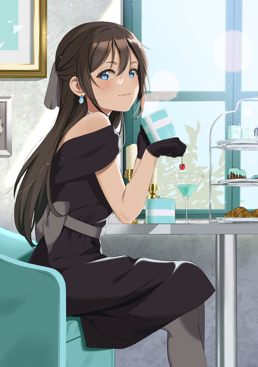 1girl, bare_shoulders, black_dress, black_gloves, blue_eyes, bow, brown_hair, closed_mouth