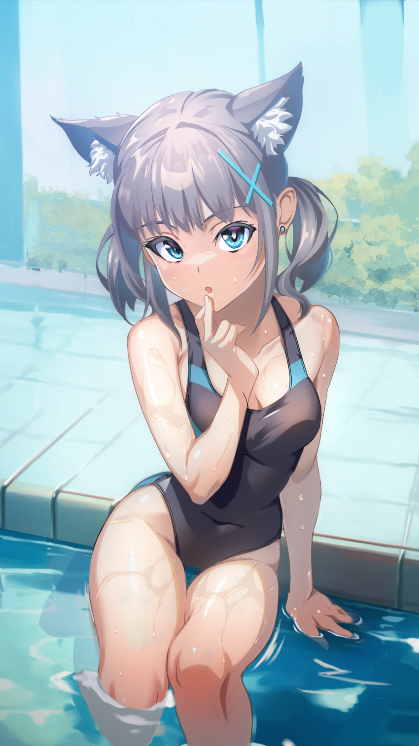 1girl, animal_ear_fluff, animal_ears, black_one-piece_swimsuit, blue_archive, blue_eyes, breasts, competition_swimsuit, covered_navel, cross_hair_ornament, extra_ears, grey_hair, hair_ornament, halo, highres, low_ponytail, medium_breasts, medium_hair, mismatched_pupils, multicolored_swimsuit, official_alternate_costume, one-piece_swimsuit, ponytail, shiroko_(blue_archive), shiroko_(swimsuit)_(blue_archive), sitting, soaking_feet, solo, swimsuit, takase_hiro, water, wolf_ears