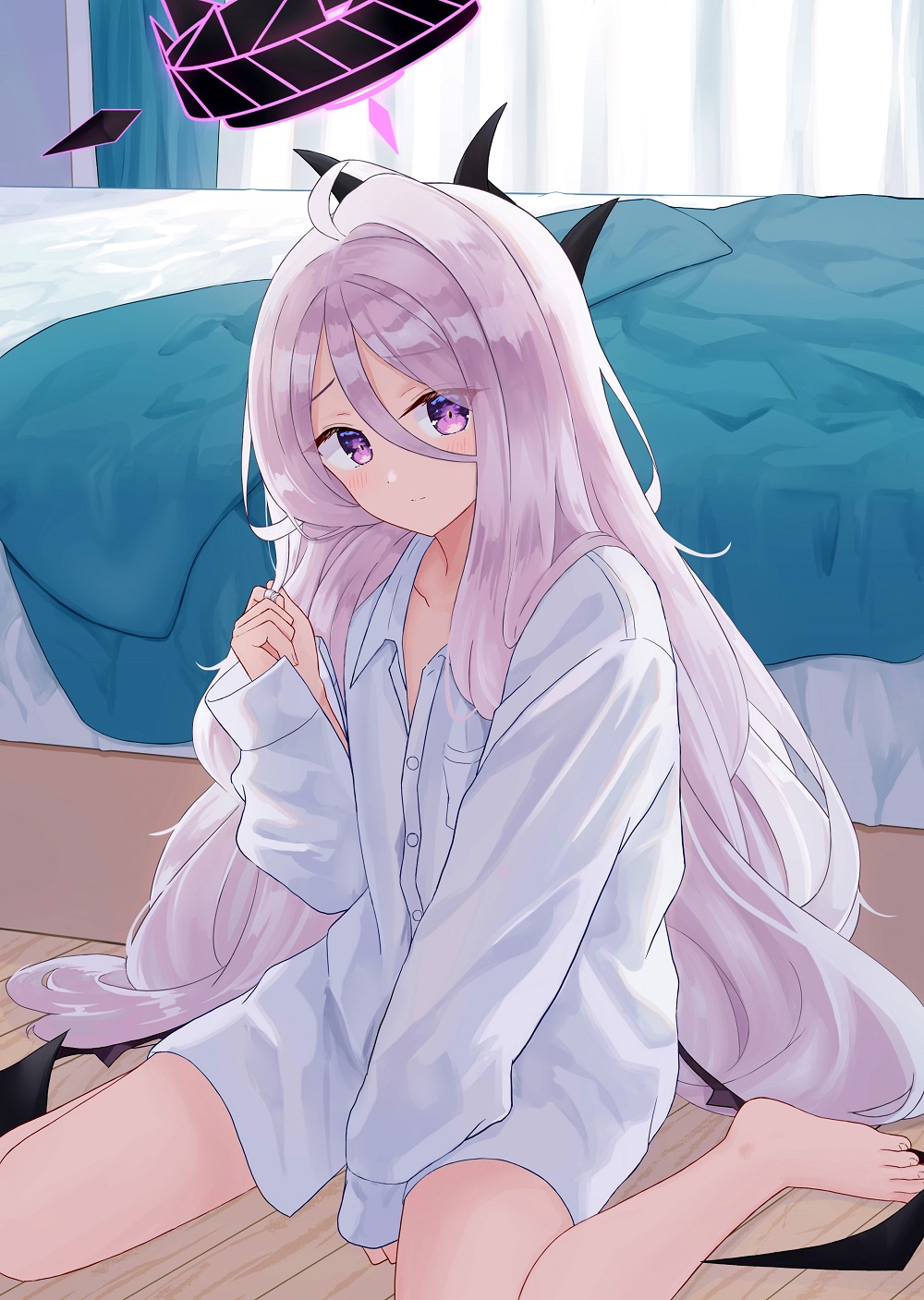 1girl, ahoge, akaya_(pixiv20545353), barefoot, bed, blue_archive, blush, closed_mouth