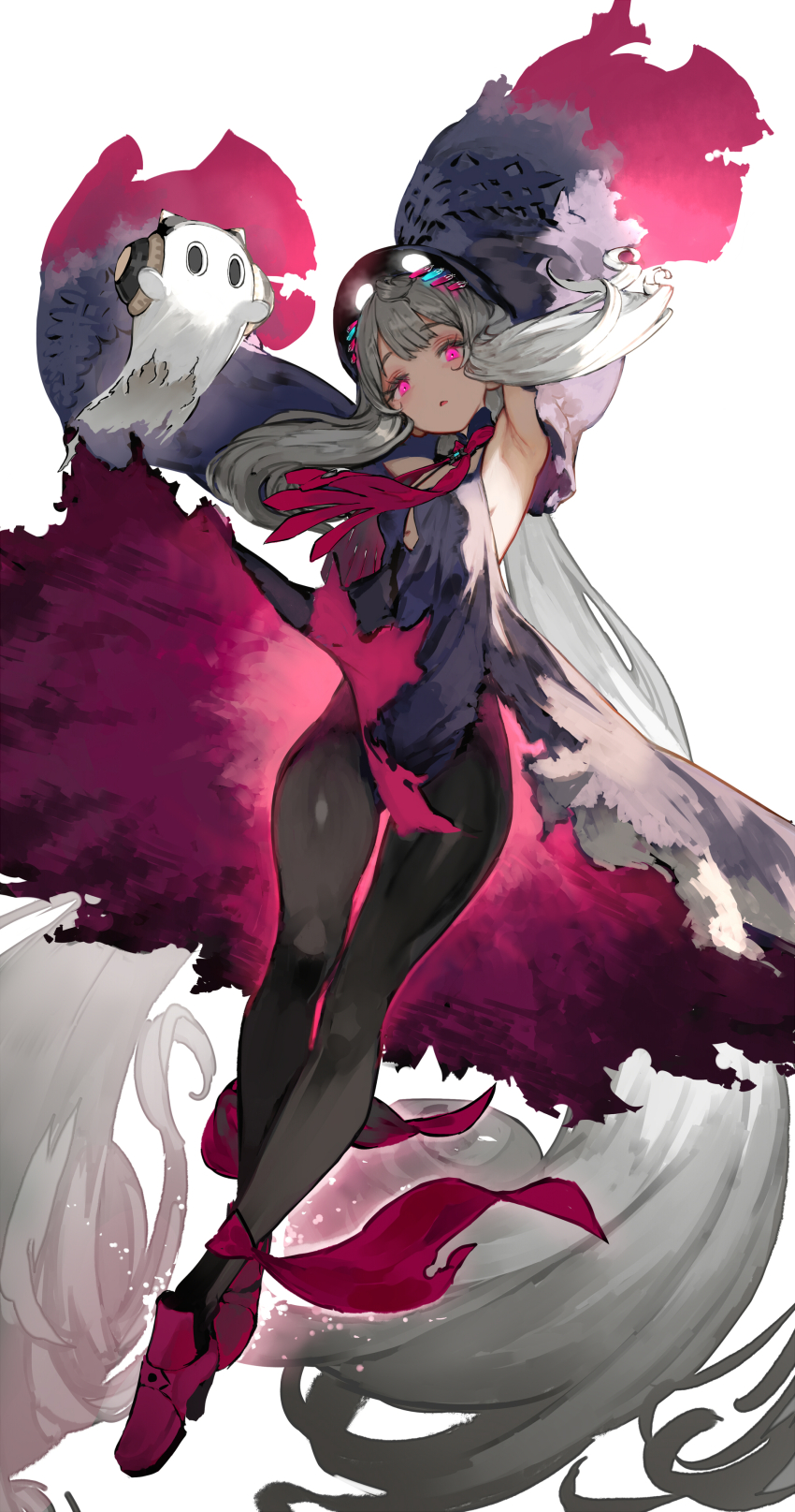 1girl, absurdres, armpits, detached_sleeves, dress, full_body, ghost, grey_hair