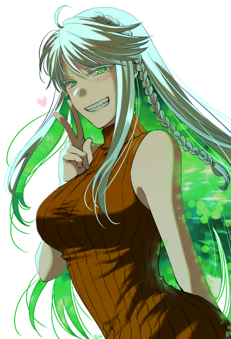 1girl, ahoge, braid, breasts, colored_inner_hair, fate/grand_order, fate_(series), green_eyes, green_hair, grey_hair, grin, heart, kukulkan_(fate), long_hair, medium_breasts, multicolored_hair, side_braid, sleeveless, sleeveless_turtleneck, smile, solo, turtleneck, v, white_background, yuuzuki230