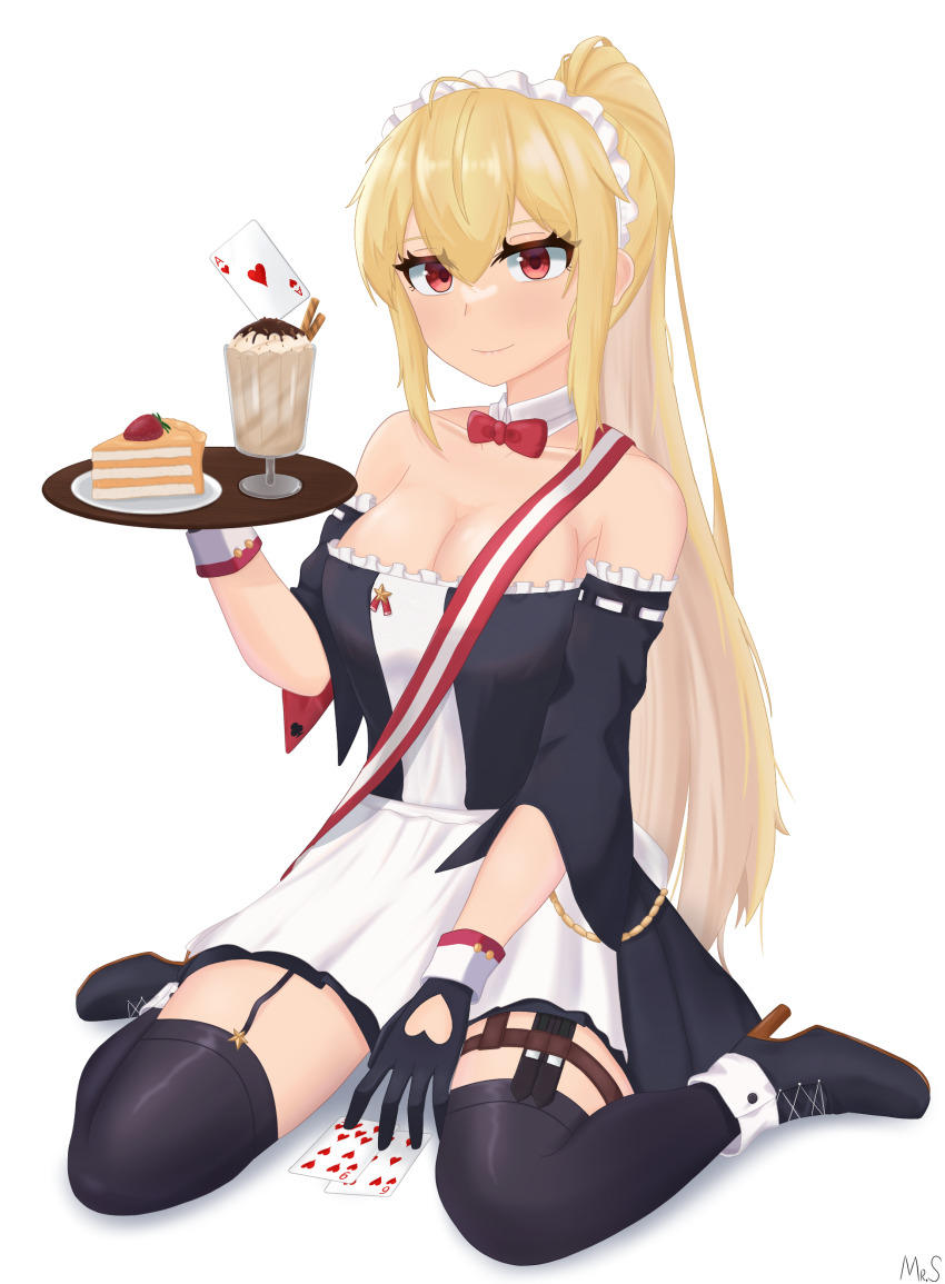 1girl, absurdres, blonde_hair, cake, cake_slice, card, food, girls'_frontline