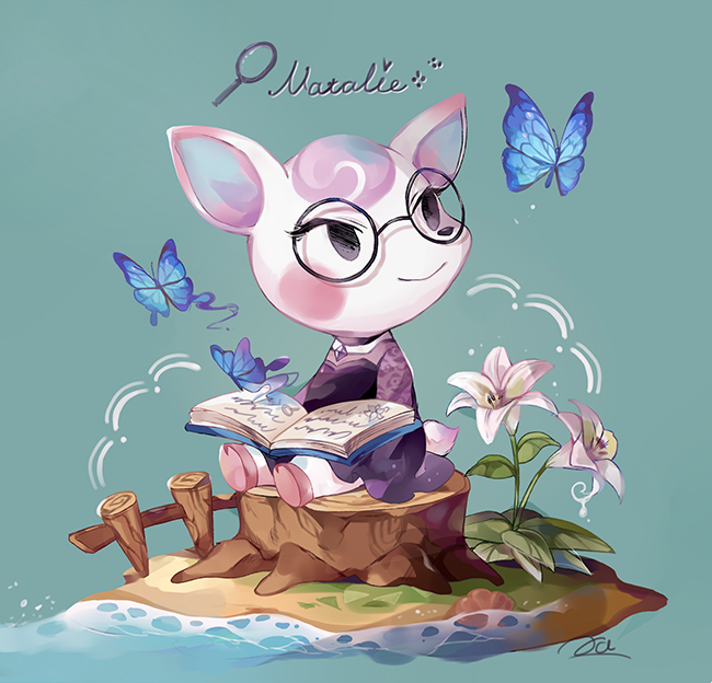 1girl, animal_crossing, artist_name, black-framed_eyewear, black_dress, blue_background, blue_butterfly, blush