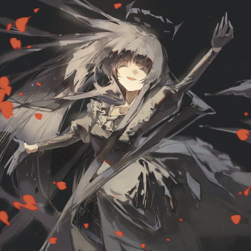 1girl, arknights, artist_name, virtuosa_(arknights), black_background, black_dress, black_gloves, black_hair, black_halo, black_wings, blunt_bangs, breasts, broken_halo, chinese_commentary, closed_eyes, commentary_request, cricifysiki, dark_halo, detached_wings, dress, energy_wings, facing_viewer, floating_hair, flower, frilled_dress, frills, gloves, halo, hands_up, highres, hime_cut, long_hair, long_sleeves, medium_breasts, mole, mole_under_eye, outstretched_arms, petals, red_flower, red_rose, rose, rose_petals, sidelocks, signature, smile, solo, spread_arms, standing, upper_body, very_long_hair, wide_sleeves, wings