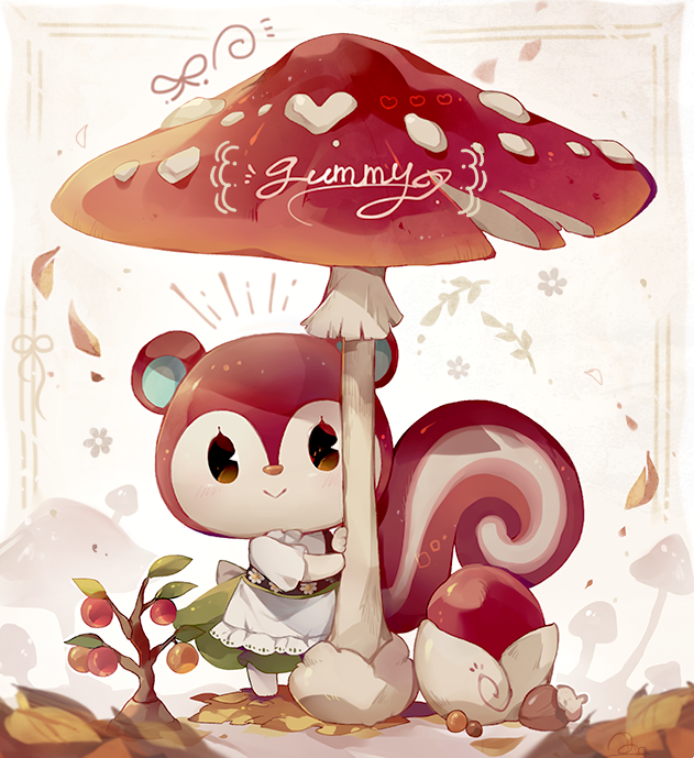 1girl, :>, acorn, animal_crossing, apron, berry, blush, brown_eyes