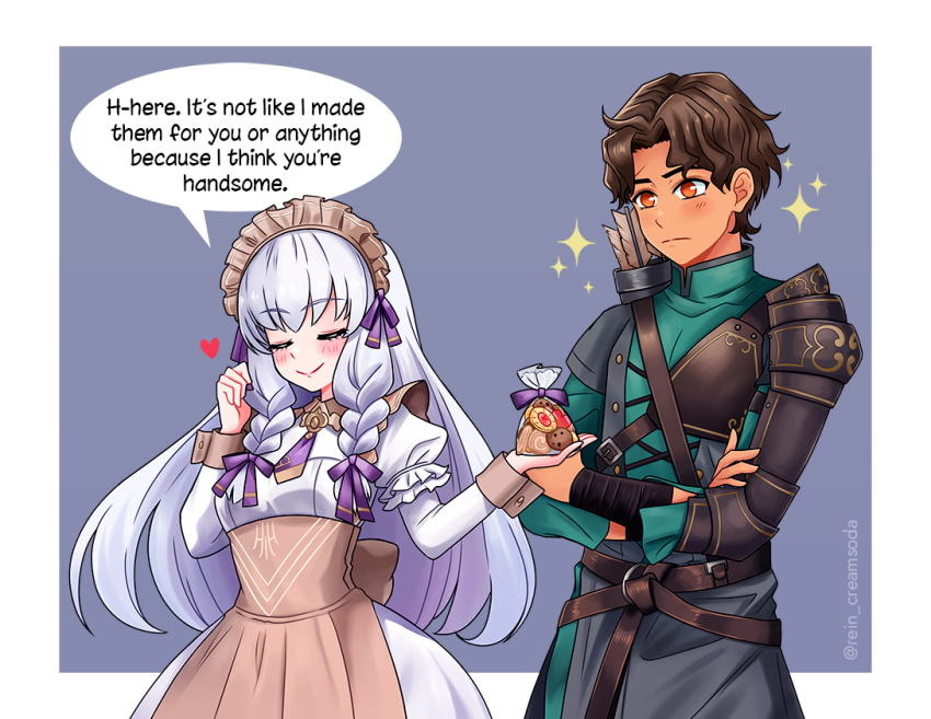 1boy, 1girl, apron, brown_hair, closed_eyes, cookie, cyril_(fire_emblem), cyril_(timeskip)_(fire_emblem)