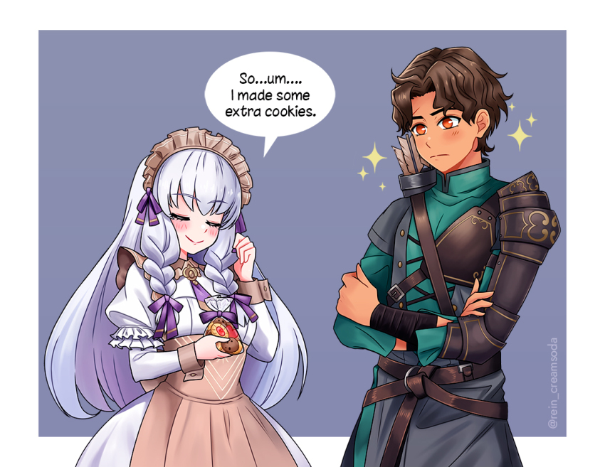 1boy, 1girl, apron, brown_hair, closed_eyes, commentary, cookie, cyril_(fire_emblem)