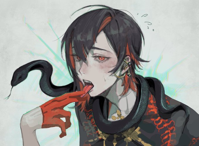 1boy, animal, animal_around_neck, black_hair, chenyao4444444, earrings, finger_on_tongue, gloves
