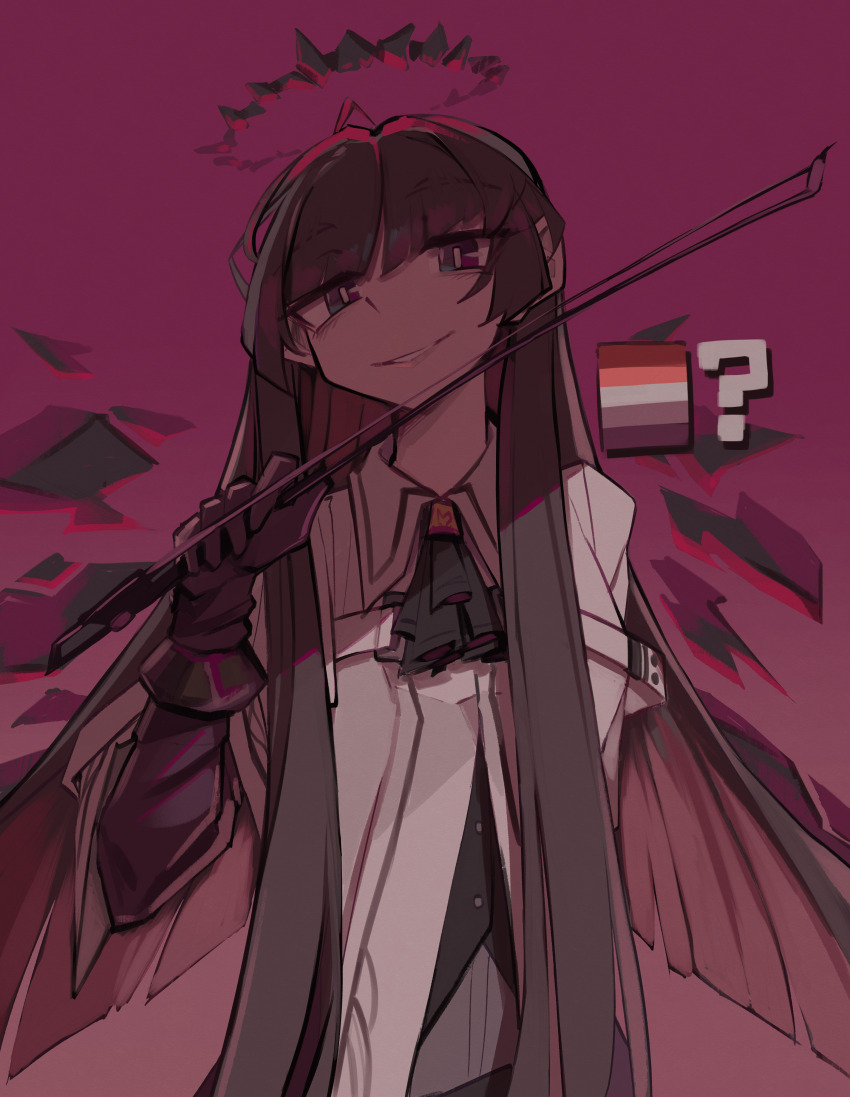 1girl, ?, absurdres, ahoge, arknights, arm_behind_back, ascot, black_ascot