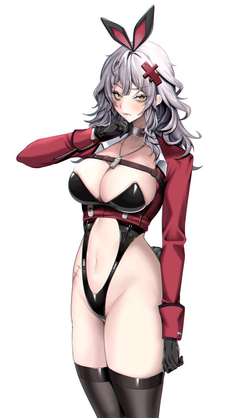 1girl, animal_ears, black_gloves, black_leotard, black_thighhighs, blush, breasts, cleavage, closed_mouth, clothing_cutout, collar, cropped_jacket, fake_animal_ears, fake_tail, frown, gloves, goddess_of_victory:_nikke, grey_hair, highres, jacket, jewelry, large_breasts, leotard, long_hair, messy_hair, midriff, navel, navel_cutout, necklace, playboy_bunny, rabbit_ears, rabbit_tail, red_jacket, scar, scar_on_stomach, simple_background, solo, tail, thighhighs, white_background, yellow_eyes, ymr_yamero, yulha_(nikke)