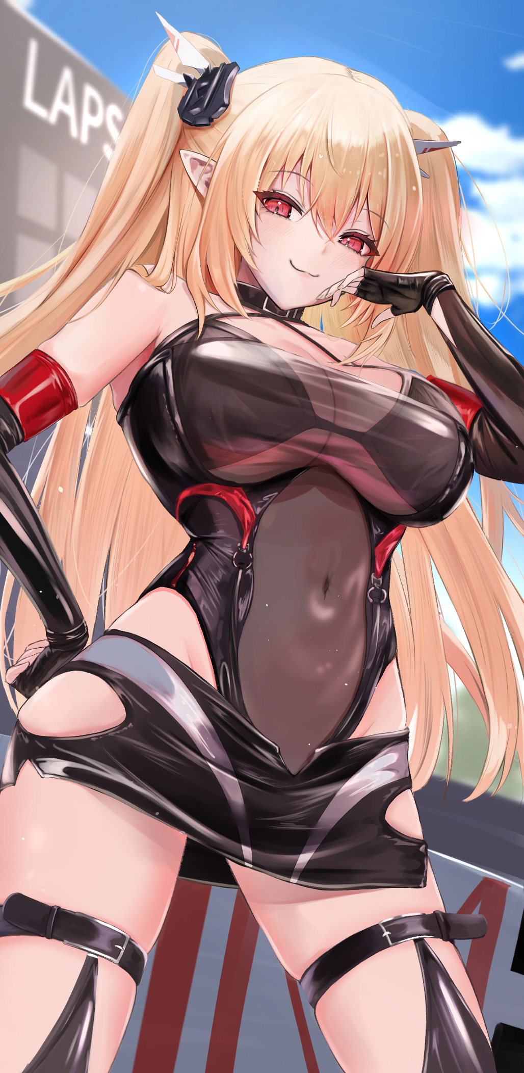 1girl, belt, black_choker, black_gloves, black_skirt, blonde_hair, blue_sky, breasts