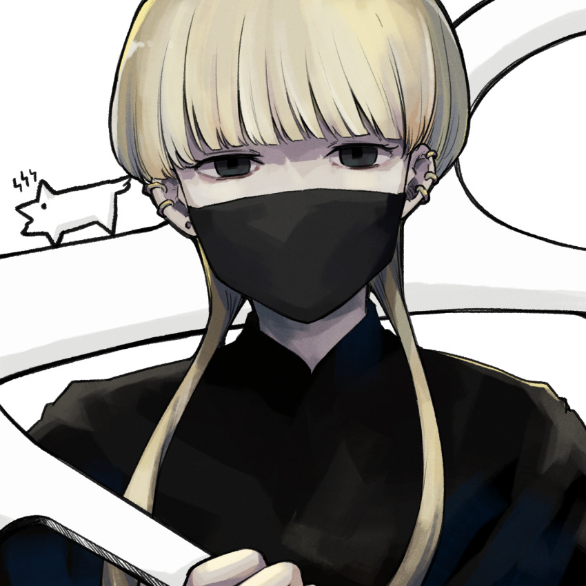 1girl, black_jacket, black_mask, blonde_hair, choujin_x, closed_mouth, covered_mouth, cropped_torso
