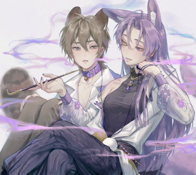 2boys, animal_ear_fluff, animal_ears, bell, brown_eyes, brown_hair, chenyao4444444, cigarette