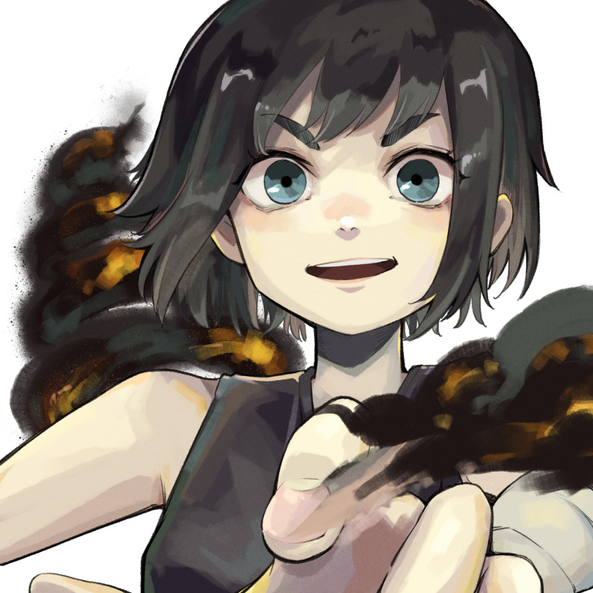 1girl, black_hair, blue_eyes, choujin_x, closed_mouth, colored_smoke, cropped_torso, grey_eyes, grey_robe, highres, looking_at_viewer, mullet, open_mouth, otta_ely_(choujin_x), robe, short_hair, simple_background, smoke, smoke_trail, solo, thick_eyebrows, upper_body, white_background, yuma_kahara