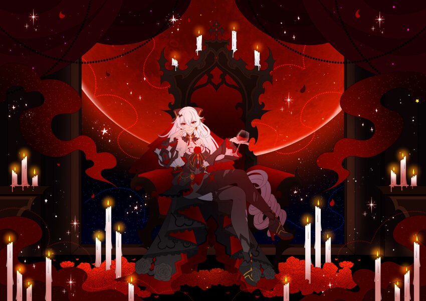 1girl, alcohol, black_boots, black_flower, black_rose, black_sleeves, boots, candle, closed_mouth, commentary, cup, cupping_glass, detached_sleeves, drinking_glass, english_commentary, ffluvy, fire, flower, full_moon, hair_between_eyes, hand_up, hands_up, high_heel_boots, high_heels, highres, honkai_(series), honkai_impact_3rd, long_hair, long_sleeves, looking_at_viewer, luna_(honkai_impact), moon, on_throne, petals, red_eyes, red_flower, red_moon, red_rose, rose, sitting, smile, solo, theresa_apocalypse, theresa_apocalypse_(luna_kindred), throne, very_long_hair, white_hair, wide_sleeves, wine, wine_glass