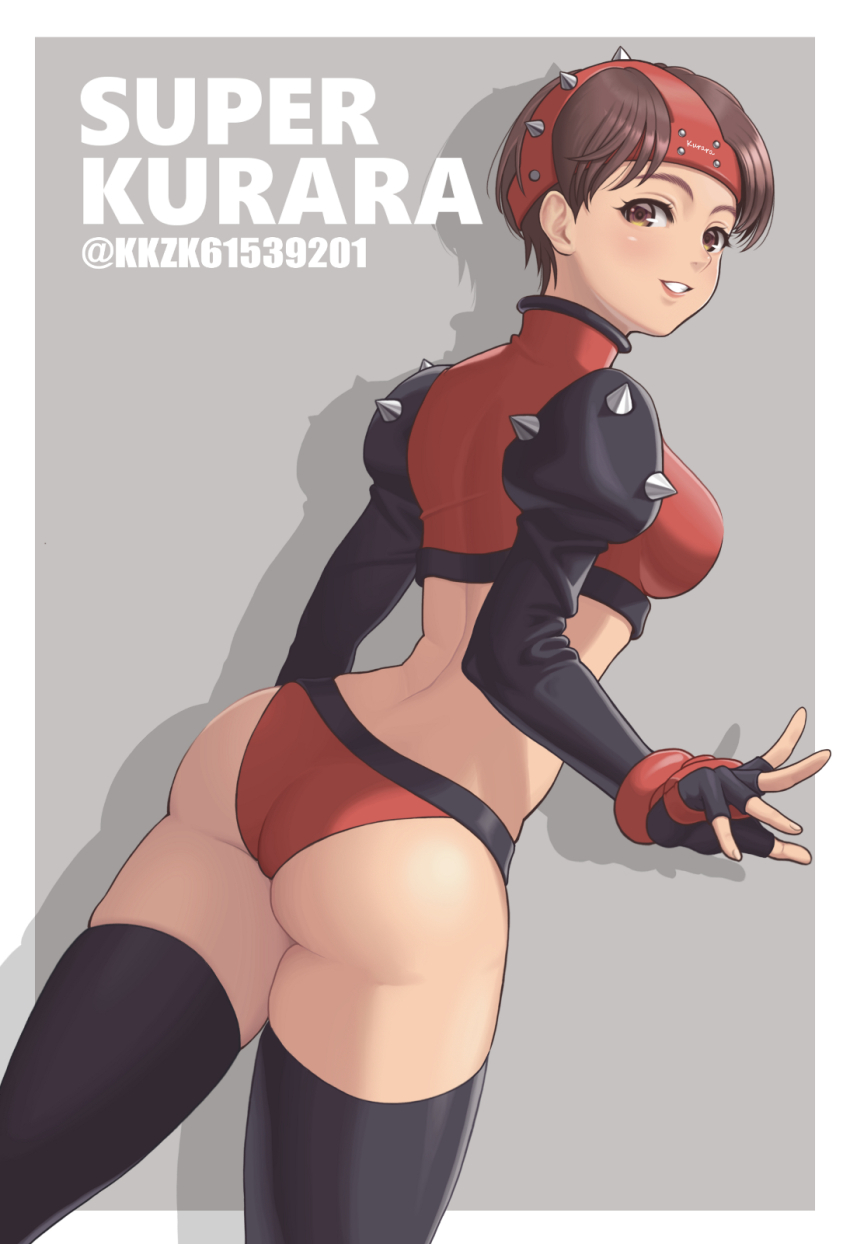 1girl, ass, breasts, brown_eyes, brown_hair, fingerless_gloves, gloves, gouketsuji_ichizoku