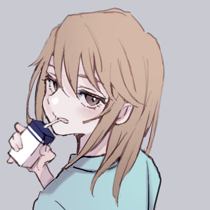1girl, aqua_shirt, brown_eyes, child, commentary_request, drink, drink_carton, drinking