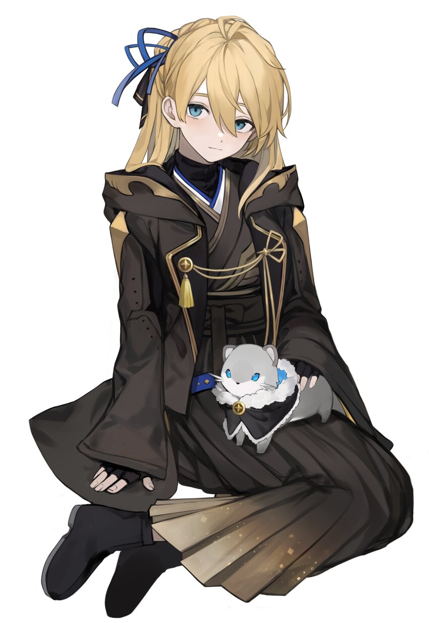 1girl, absurdres, animal, black_footwear, black_kimono, black_ribbon, blonde_hair, blue_eyes