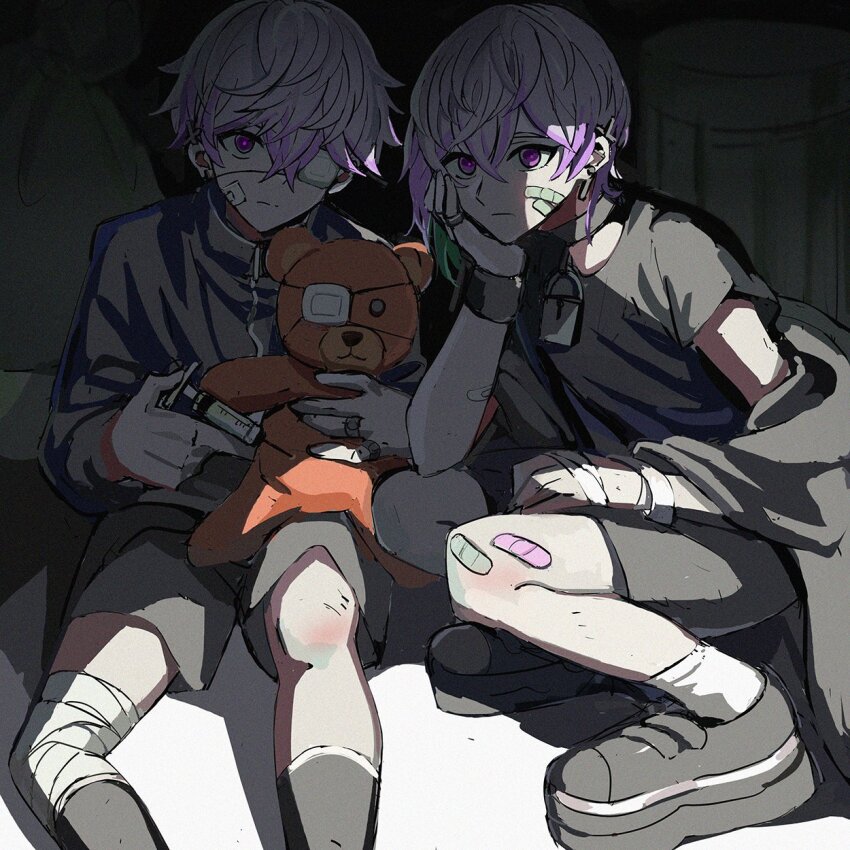2boys, aged_down, bandaged_leg, bandages, bandaid, bandaid_on_face, bandaid_on_leg, black_choker, black_footwear, black_jacket, black_shirt, black_shorts, black_socks, brothers, child, choker, eyepatch, highres, jacket, looking_at_viewer, male_focus, multicolored_hair, multiple_boys, paradox_live, platform_footwear, purple_eyes, purple_hair, shirt, short_hair, shorts, siblings, sitting, socks, stuffed_animal, stuffed_toy, syringe, teddy_bear, twins, yatonokami_kanata, yatonokami_nayuta, zdily1314