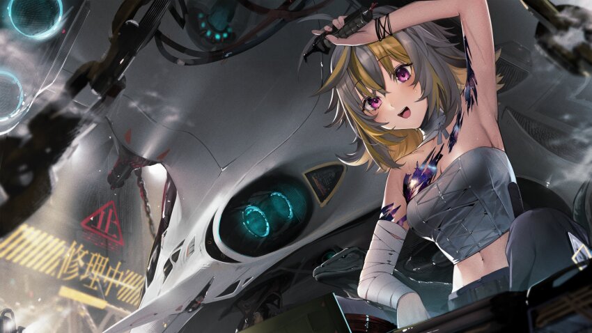 1girl, animal, antenna_hair, arm_above_head, arm_over_head, arm_up, armpits, bandaged_arm