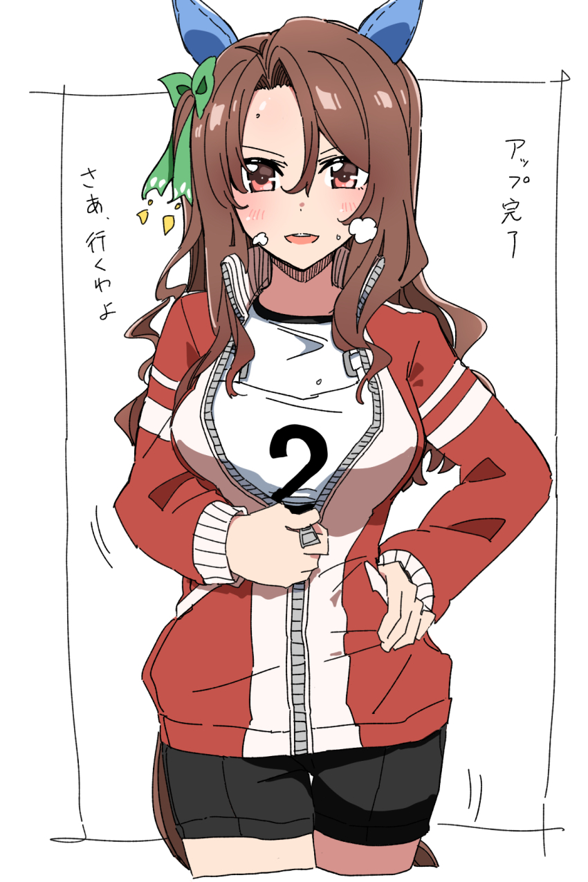 1girl, alternate_costume, animal_ears, blush, breasts, brown_hair, durindana_7, hair_between_eyes, hair_ornament, heavy_breathing, highres, horse_ears, horse_girl, horse_tail, jacket, king_halo, king_halo_(umamusume), looking_at_viewer, medium_breasts, medium_hair, open_mouth, red_eyes, red_jacket, shorts, simple_background, smile, solo, sweat, tail, track_jacket, translation_request, umamusume, unzipping, white_background