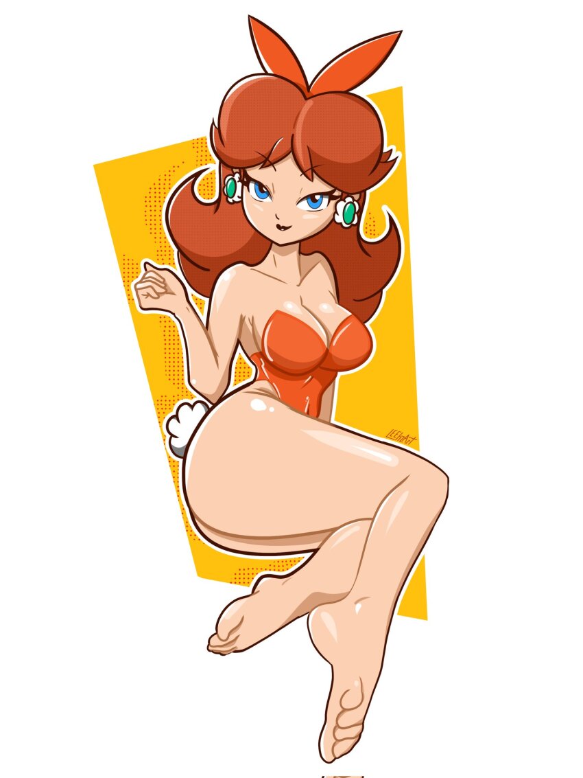 1girl, bare_shoulders, barefoot, blue_eyes, breasts, cleavage, earrings, feet