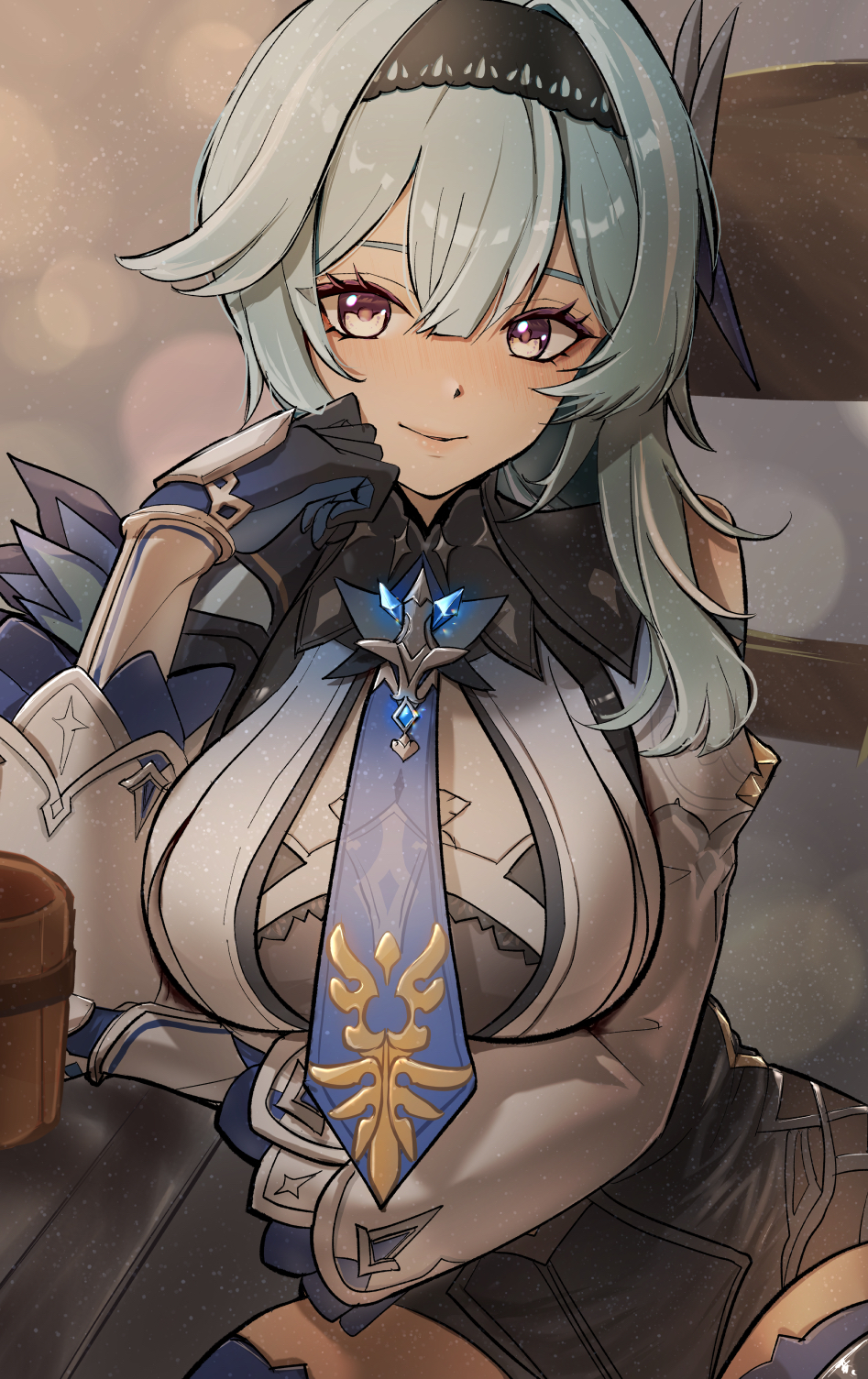 1girl, beer_mug, black_hairband, black_shorts, blue_hair, blue_necktie, breasts, closed_mouth