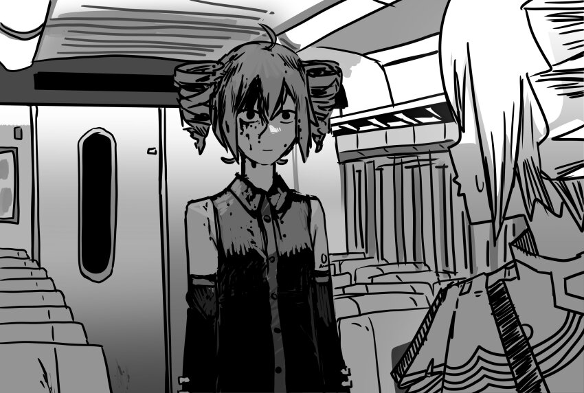 2girls, absurdres, ahoge, arms_at_sides, blood, blood_on_face, buttons, chainsaw_man, clone, collared_shirt, commentary, detached_sleeves, door, drill_hair, dual_persona, eletenshi, empty_eyes, faceless, faceless_female, facing_another, flipped_hair, greyscale, hair_between_eyes, high_collar, highres, horror_(theme), kasane_teto, kasane_teto_(sv), kasane_teto_(utau), light_smile, lips, looking_at_another, looking_back, medium_hair, monochrome, multiple_girls, nervous, nervous_sweating, number_tattoo, parody, scene_reference, shaded_face, shadow, shirt, short_hair, sidelocks, standing, surprised, sweat, sweatdrop, tattoo, train_interior, turn_pale, turning_head, twin_drills, uniform, upper_body, utau