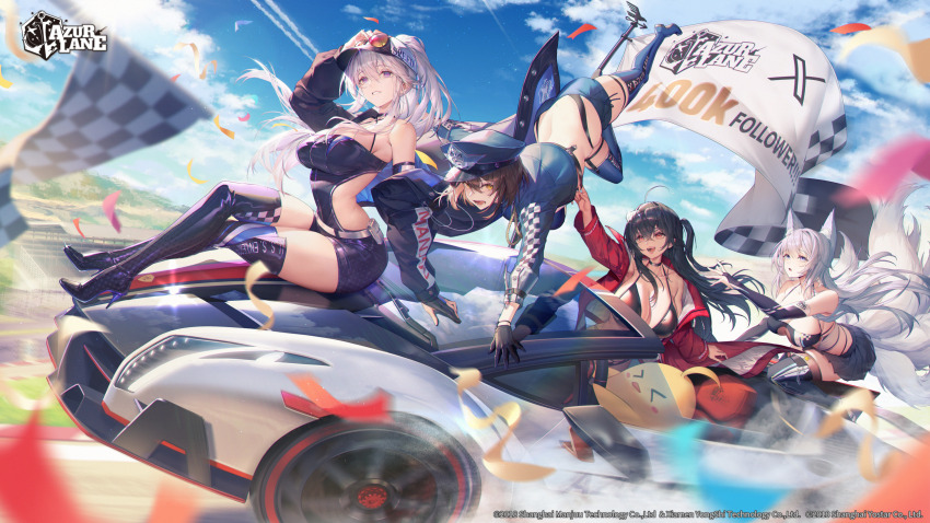 >_<, 4girls, ahoge, animal_ears, azur_lane, back, baltimore_(azur_lane), baltimore_(finish_line_flagbearer)_(azur_lane), bare_shoulders, baseball_cap, belt, belt_pouch, bikini, black_bikini, black_choker, black_footwear, black_gloves, black_hair, black_headwear, black_jacket, black_panties, black_shorts, black_thighhighs, blue_bikini, blue_headwear, blue_jacket, blue_shorts, blue_sky, blue_thighhighs, boots, breasts, bridal_gauntlets, brown_hair, car, checkered_flag, chinese_commentary, choker, cleavage, cleavage_cutout, clothing_cutout, cloud, cloudy_sky, commentary_request, confetti, contrail, convertible, copyright_name, cropped_jacket, crossed_bangs, crossed_legs, day, dress, driving, elbow_gloves, enterprise_(azur_lane), enterprise_(wind_catcher)_(azur_lane), eyewear_on_head, eyewear_on_headwear, falling, flag, fox_ears, fox_girl, fox_tail, full_body, gloves, grey_belt, gt-apex, hair_between_eyes, hair_through_headwear, halter_dress, halterneck, hat, high_heels, high_ponytail, highleg, highleg_bikini, highres, jacket, kitsune, kyuubi, lamborghini, lamborghini_veneno, large_breasts, logo, long_hair, looking_at_viewer, manjuu_(azur_lane), micro_shorts, microskirt, milestone_celebration, miniskirt, mismatched_bikini, motion_blur, motor_vehicle, multiple_girls, multiple_tails, off_shoulder, official_alternate_costume, official_art, on_car, open_clothes, open_jacket, open_mouth, outdoors, panties, panty_straps, parted_lips, partially_fingerless_gloves, peaked_cap, pleated_skirt, ponytail, pouch, purple_eyes, race_queen, race_vehicle, racecar, red-tinted_eyewear, red_eyes, red_jacket, shinano_(azur_lane), shinano_(moonlit_chrome)_(azur_lane), short_shorts, shorts, side_cutout, side_ponytail, sidelocks, sitting, skirt, sky, smile, sports_car, steering_wheel, strap_pull, string_bikini, sunglasses, swimsuit, taihou_(azur_lane), taihou_(enraptured_companion)_(azur_lane), tail, teeth, thigh_strap, thighhighs, thighhighs_under_boots, thighs, tinted_eyewear, twitter_x_logo, two-tone_headwear, underwear, unused_tire, watermark, wheel, white_belt, white_hair, white_headwear, white_tail, windshield, yellow_eyes, zettai_ryouiki