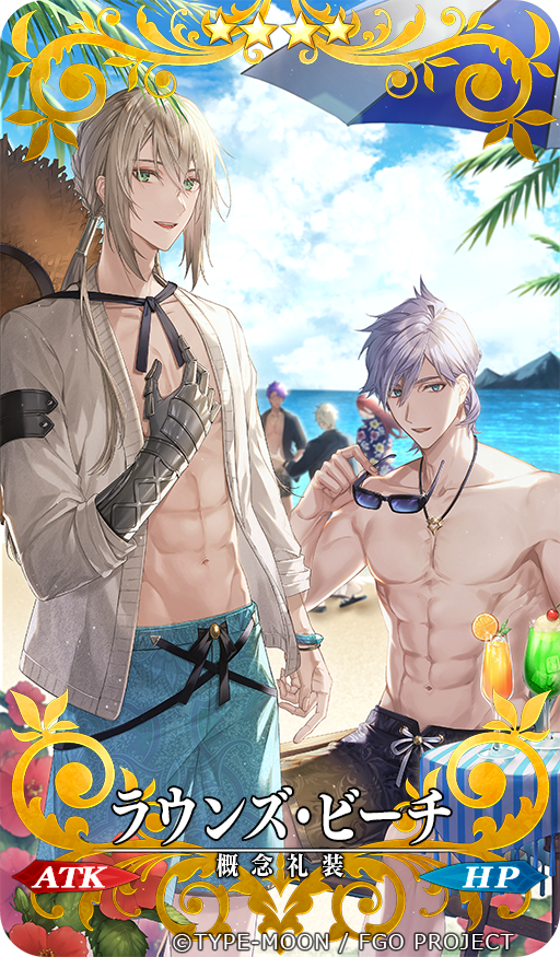 5boys, :d, abs, airgetlam_(fate), airm, beach, beach_umbrella, bedivere_(fate), bedivere_(rounds_beach)_(fate), black_shirt, blonde_hair, blue_eyes, bracelet, bush, card_(medium), cardigan, cherry, cloud, copyright_notice, craft_essence_(fate), cup, day, drinking_glass, fate/grand_order, fate_(series), feet_out_of_frame, flip-flops, flower, food, fruit, gawain_(fate), gawain_(scion_of_summer)_(fate), green_eyes, groin, hair_between_eyes, hair_tubes, hat, hawaiian_shirt, hibiscus, holding, holding_removed_eyewear, ice_cream, ice_cream_float, jewelry, juice, lancelot_(fate/grand_order), lancelot_(strongest_knight_of_summer)_(fate), long_hair, looking_at_viewer, low_twintails, male_focus, male_swimwear, melon_soda, mountain, multiple_boys, ocean, official_art, open_cardigan, open_clothes, open_mouth, open_shirt, orange_(fruit), orange_slice, palm_tree, pectorals, pendant, percival_(fate), percival_(rounds_beach)_(fate), prosthesis, prosthetic_arm, purple_hair, red_flower, red_hair, sandals, shirt, short_hair, sidelocks, sitting, smile, standing, straw_hat, sunglasses, swim_trunks, tan, teeth, toned, toned_male, topless_male, tree, tristan_(chicken_of_luluhawa)_(fate), tristan_(fate), twintails, umbrella, unworn_eyewear, unworn_hat, unworn_headwear, upper_teeth_only, white_cardigan, white_hair