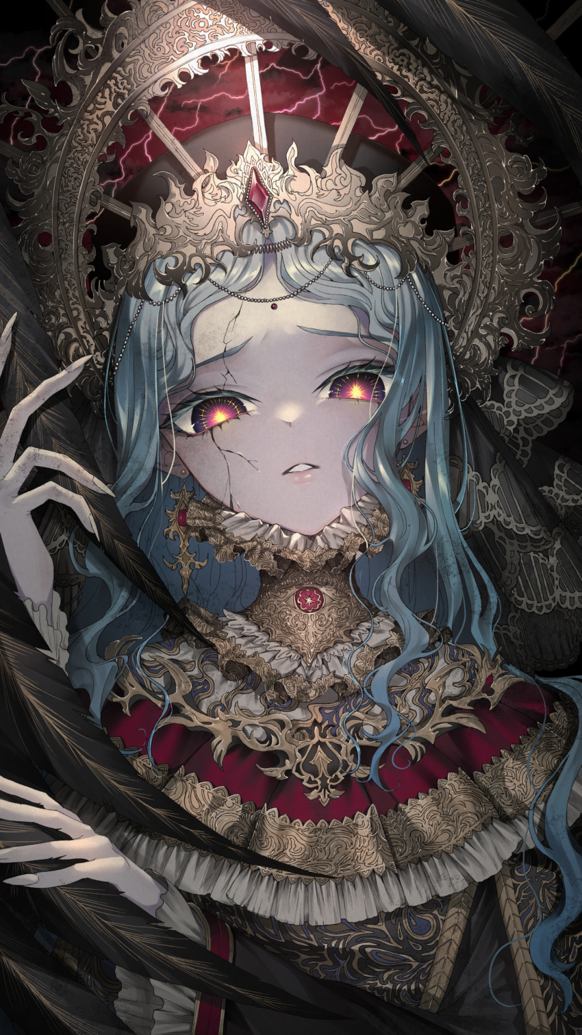 1girl, absurdres, black_dress, black_feathers, black_veil, blue_hair, chocolate4170615, commentary